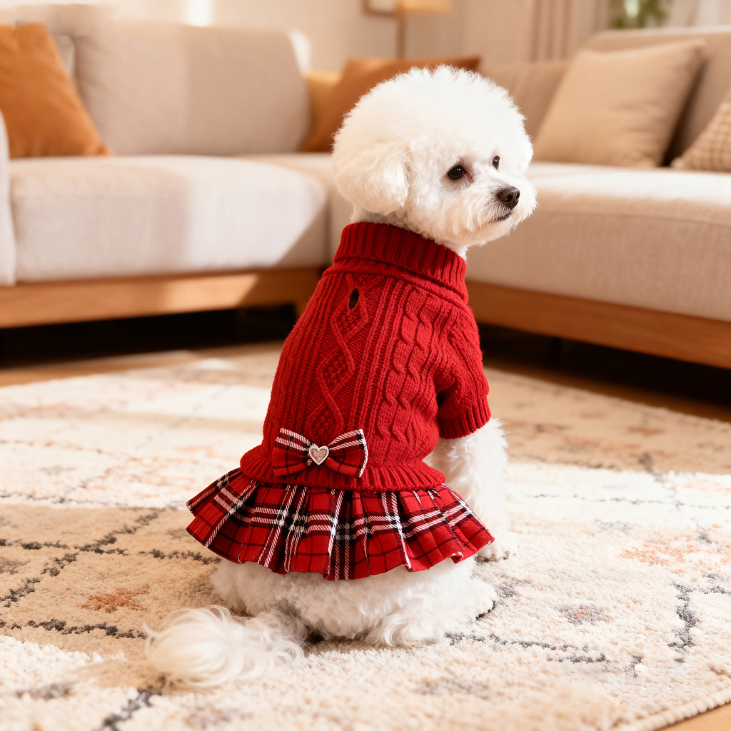Hond Kerst Trui Jurk voor Kleine Honden met Vlinderdas Turtleneck Honden Trui Jurk met Riemgat Honden Winterkleding Warme Gebreide Puppy Trui voor Chihuahua Yorkies Havanese Bichon