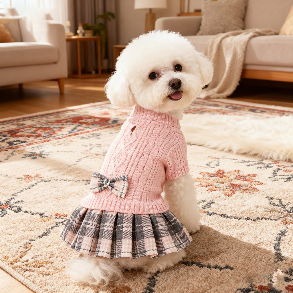 Hond Kerst Trui Jurk voor Kleine Honden met Vlinderdas Turtleneck Honden Trui Jurk met Riemgat Honden Winterkleding Warme Gebreide Puppy Trui voor Chihuahua Yorkies Havanese Bichon