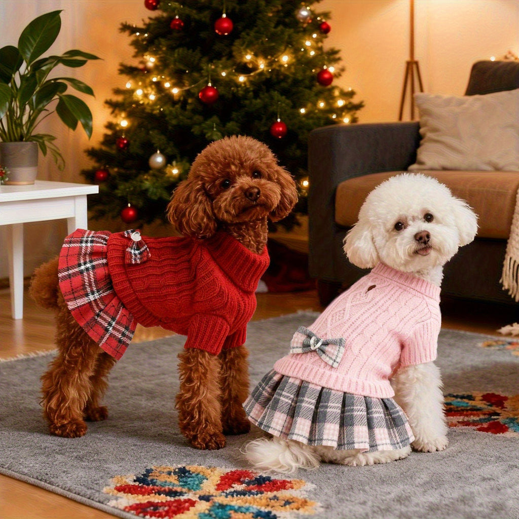 Hond Kerst Trui Jurk voor Kleine Honden met Vlinderdas Turtleneck Honden Trui Jurk met Riemgat Honden Winterkleding Warme Gebreide Puppy Trui voor Chihuahua Yorkies Havanese Bichon