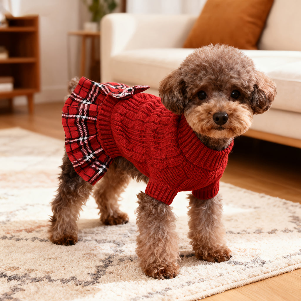 Hond Kerst Trui Jurk voor Kleine Honden met Vlinderdas Turtleneck Honden Trui Jurk met Riemgat Honden Winterkleding Warme Gebreide Puppy Trui voor Chihuahua Yorkies Havanese Bichon