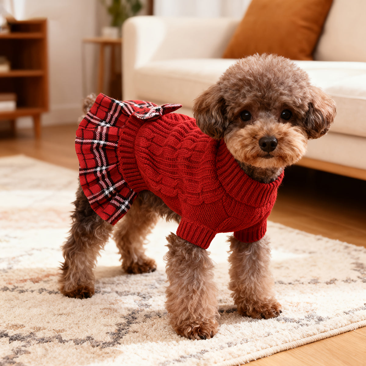 Hond Kerst Trui Jurk voor Kleine Honden met Vlinderdas Turtleneck Honden Trui Jurk met Riemgat Honden Winterkleding Warme Gebreide Puppy Trui voor Chihuahua Yorkies Havanese Bichon