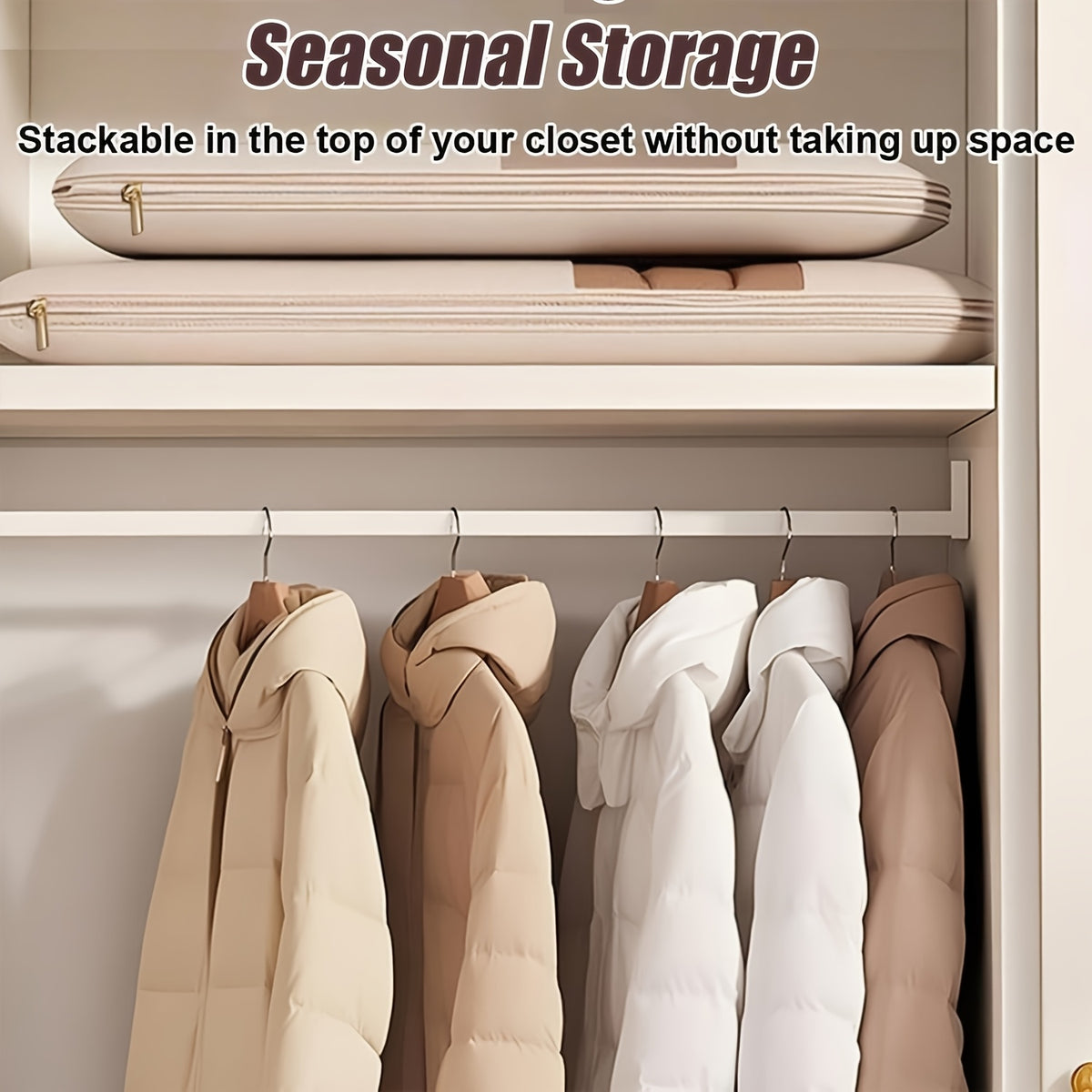 3-Maten Roze En Beige Compressie Hangende Opbergzakken (90/110/130Cm) - 40% Ruimtebesparende Vacuüm Seal voor Donsjassen En Winterkledingkast, Doorzichtige Luxe Opslag/Duurzame Rits