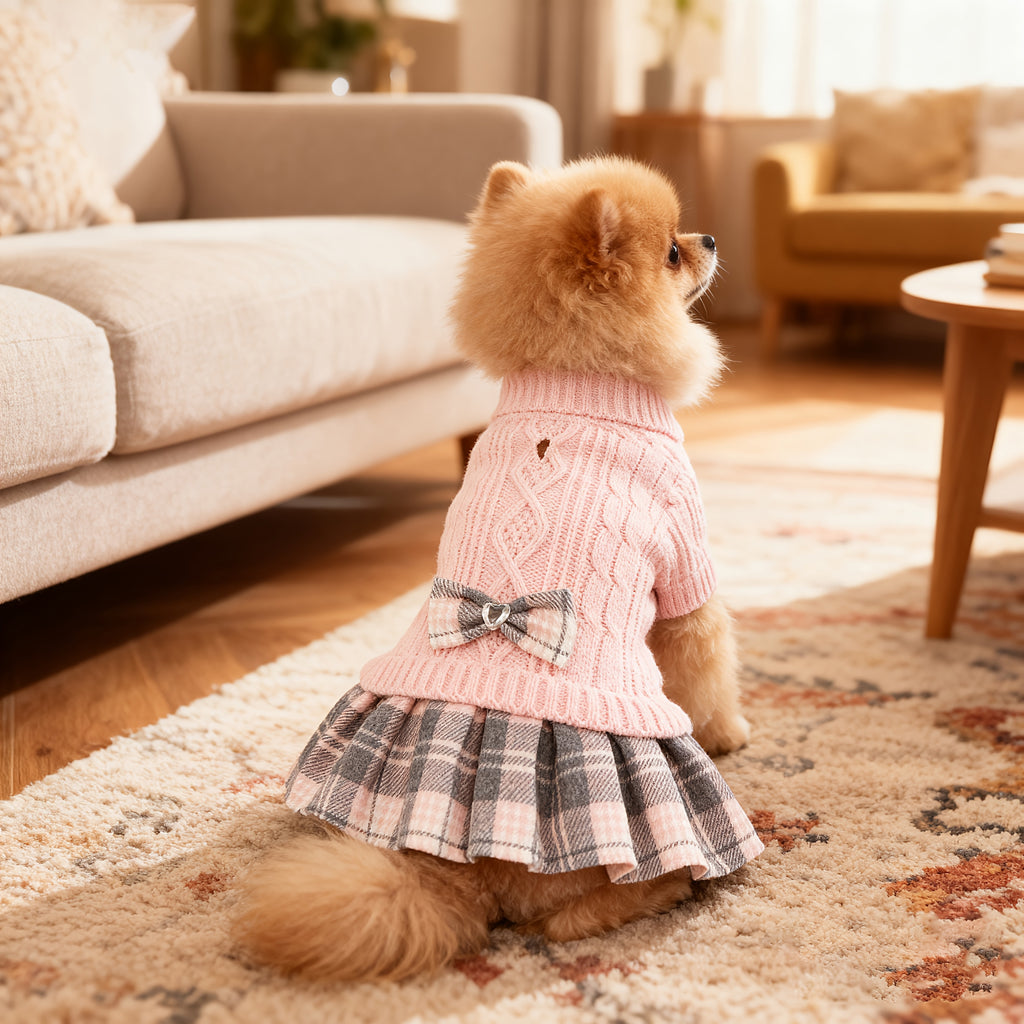 Hond Kerst Trui Jurk voor Kleine Honden met Vlinderdas Turtleneck Honden Trui Jurk met Riemgat Honden Winterkleding Warme Gebreide Puppy Trui voor Chihuahua Yorkies Havanese Bichon