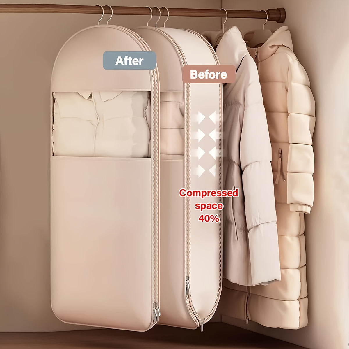 3-Maten Roze En Beige Compressie Hangende Opbergzakken (90/110/130Cm) - 40% Ruimtebesparende Vacuüm Seal voor Donsjassen En Winterkledingkast, Doorzichtige Luxe Opslag/Duurzame Rits