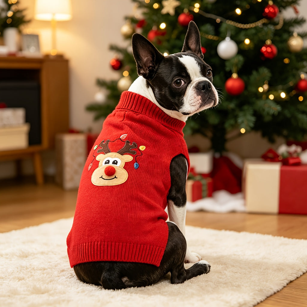 1 stuk Schattige Kerst Hert Huisdier Truien Zacht Warm en Knus Breiwerk voor Middelgrote tot Grote Hondjes, Dikke Gebreide Coltrui Ontwerp Elastisch en Warm Puppy Winterkleding voor Labrador Rottweiler Beagle - Feestelijk Rood
