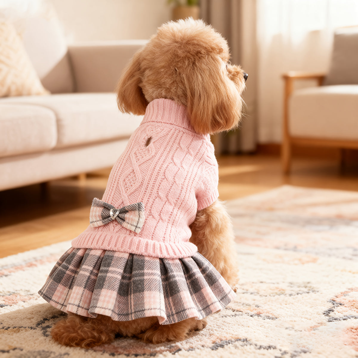 Hond Kerst Trui Jurk voor Kleine Honden met Vlinderdas Turtleneck Honden Trui Jurk met Riemgat Honden Winterkleding Warme Gebreide Puppy Trui voor Chihuahua Yorkies Havanese Bichon