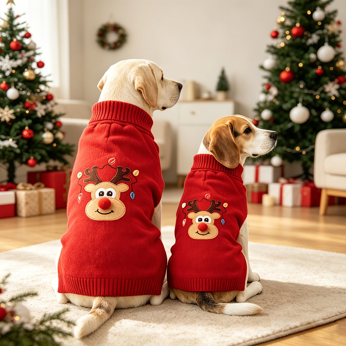 1 stuk Schattige Kerst Hert Huisdier Truien Zacht Warm en Knus Breiwerk voor Middelgrote tot Grote Hondjes, Dikke Gebreide Coltrui Ontwerp Elastisch en Warm Puppy Winterkleding voor Labrador Rottweiler Beagle - Feestelijk Rood