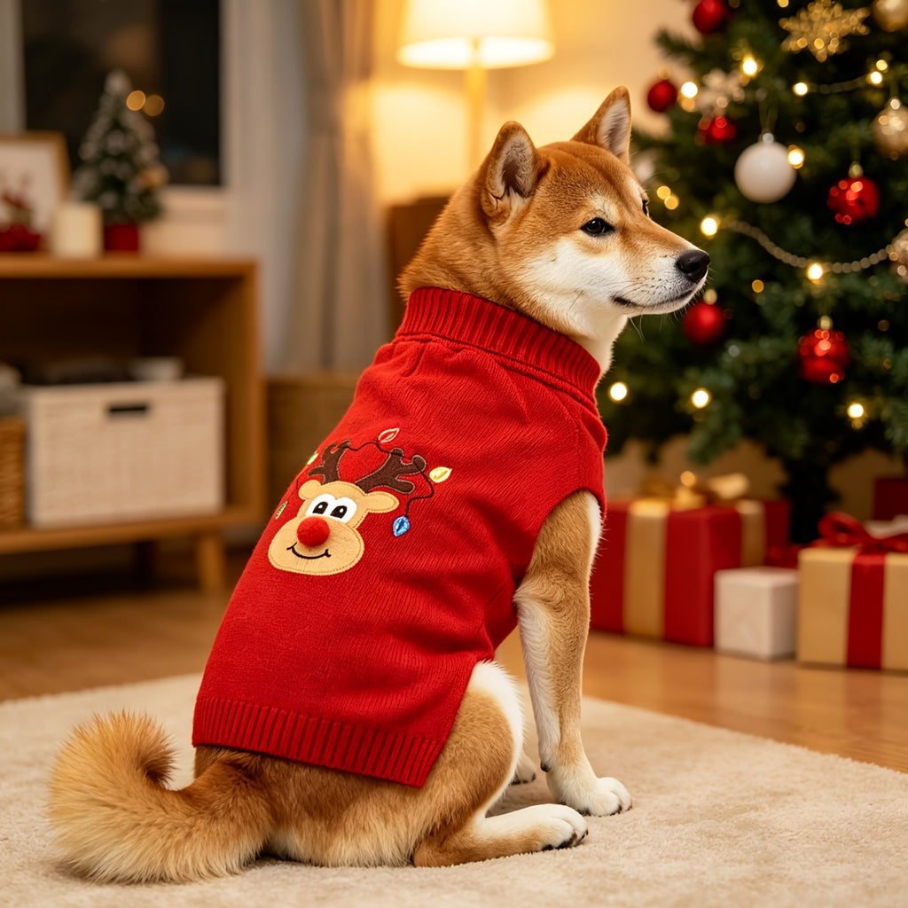 1 stuk Schattige Kerst Hert Huisdier Truien Zacht Warm en Knus Breiwerk voor Middelgrote tot Grote Hondjes, Dikke Gebreide Coltrui Ontwerp Elastisch en Warm Puppy Winterkleding voor Labrador Rottweiler Beagle - Feestelijk Rood