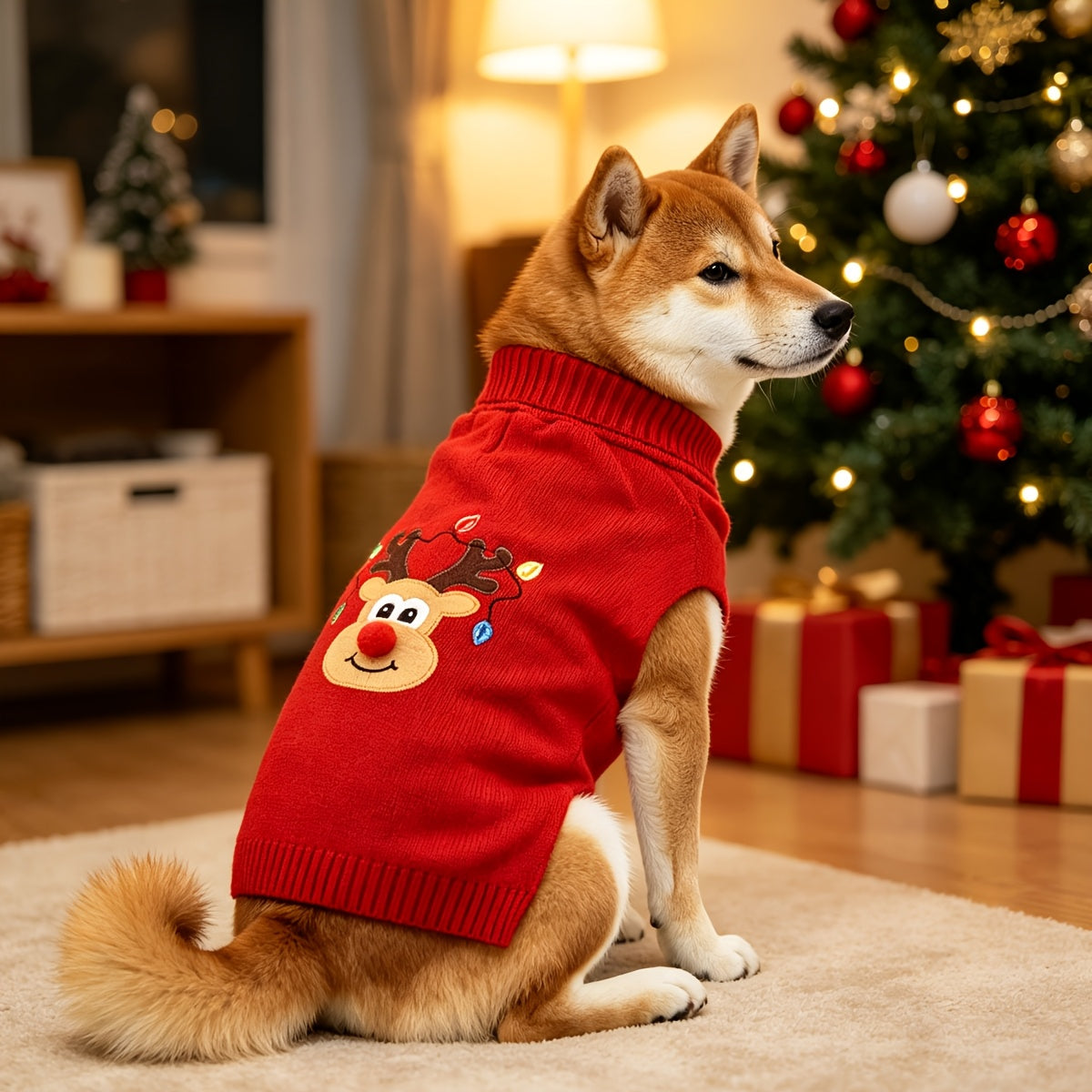 1 stuk Schattige Kerst Hert Huisdier Truien Zacht Warm en Knus Breiwerk voor Middelgrote tot Grote Hondjes, Dikke Gebreide Coltrui Ontwerp Elastisch en Warm Puppy Winterkleding voor Labrador Rottweiler Beagle - Feestelijk Rood
