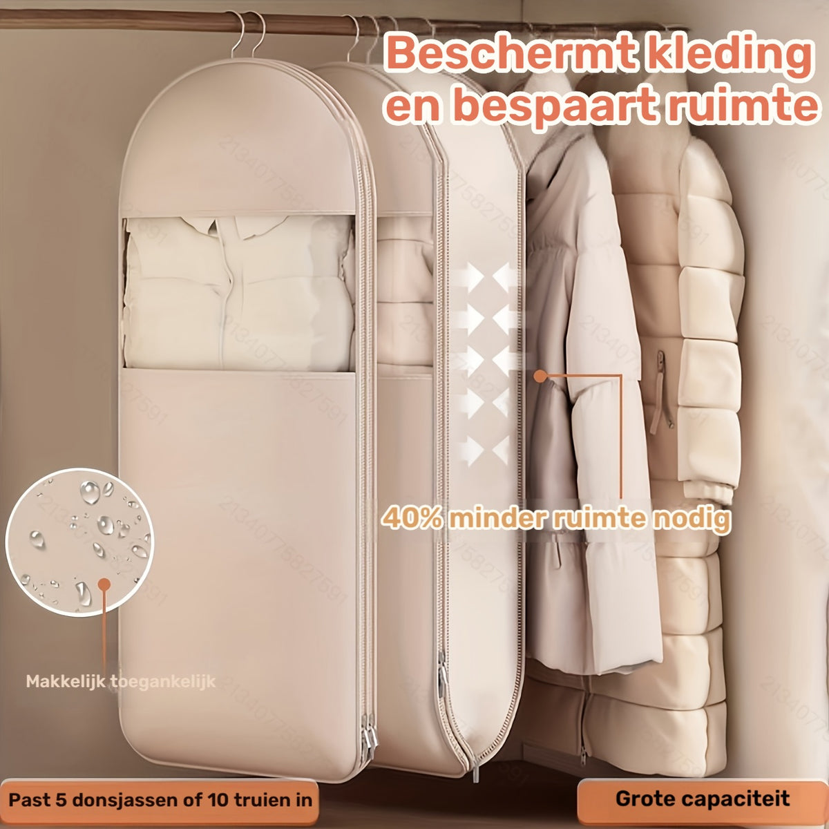 3-Maten Roze En Beige Compressie Hangende Opbergzakken (90/110/130Cm) - 40% Ruimtebesparende Vacuüm Seal voor Donsjassen En Winterkledingkast, Doorzichtige Luxe Opslag/Duurzame Rits