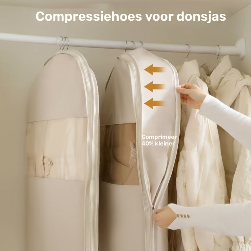 3-Maten Roze En Beige Compressie Hangende Opbergzakken (90/110/130Cm) - 40% Ruimtebesparende Vacuüm Seal voor Donsjassen En Winterkledingkast, Doorzichtige Luxe Opslag/Duurzame Rits